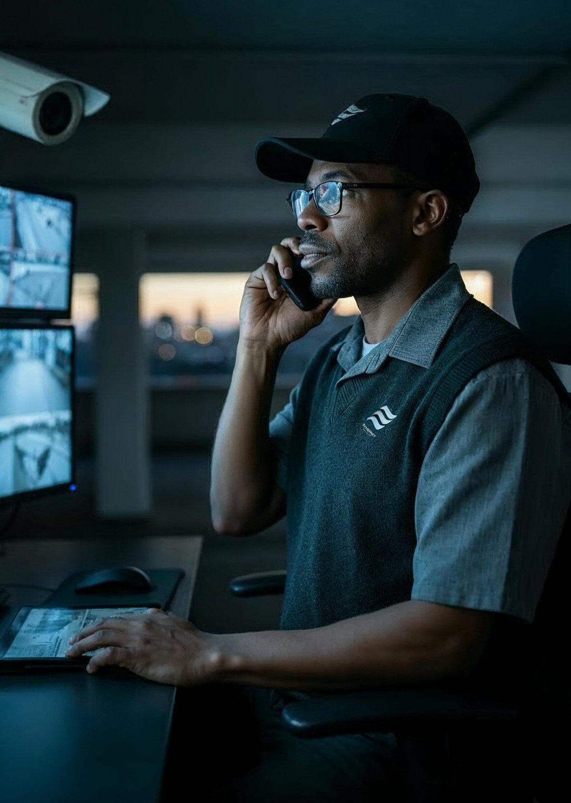 Security Guard Infront of TV Screens